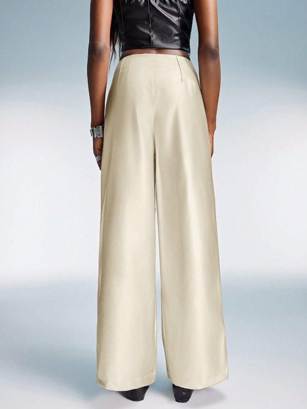 Beige Casual Women's Waist Cinched Wide Leg Straight Pants - Picture 2 of 5